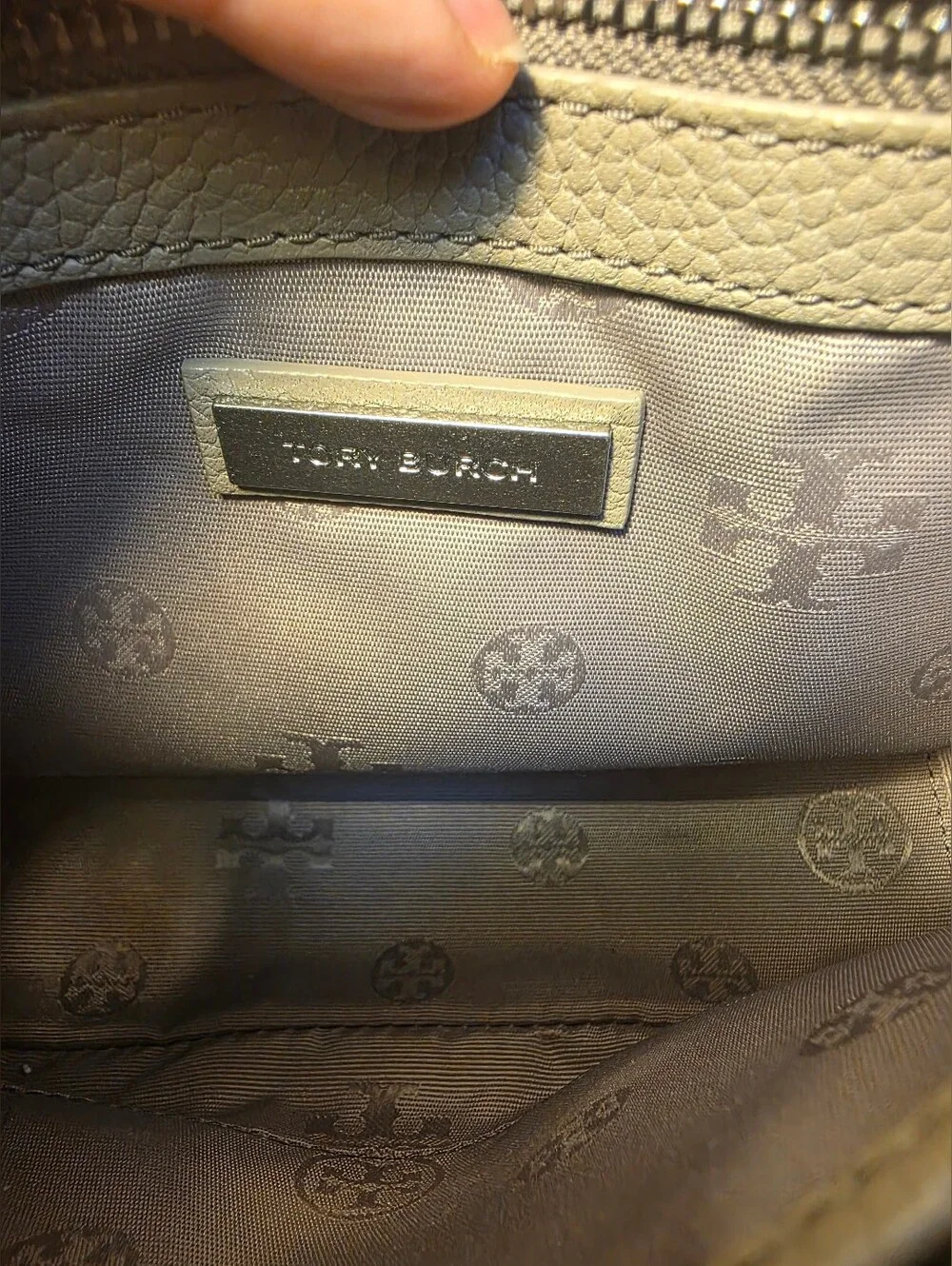 Tory Burch Taupe Pebbled Leather Flap Crossbody Shoulder Bag Silver Chain